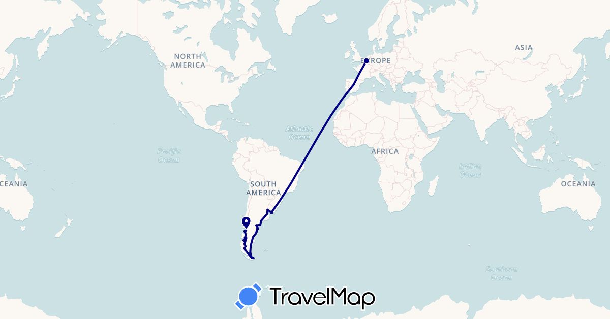 TravelMap itinerary: driving in Argentina, Belgium, Chile, Spain, Uruguay (Europe, South America)